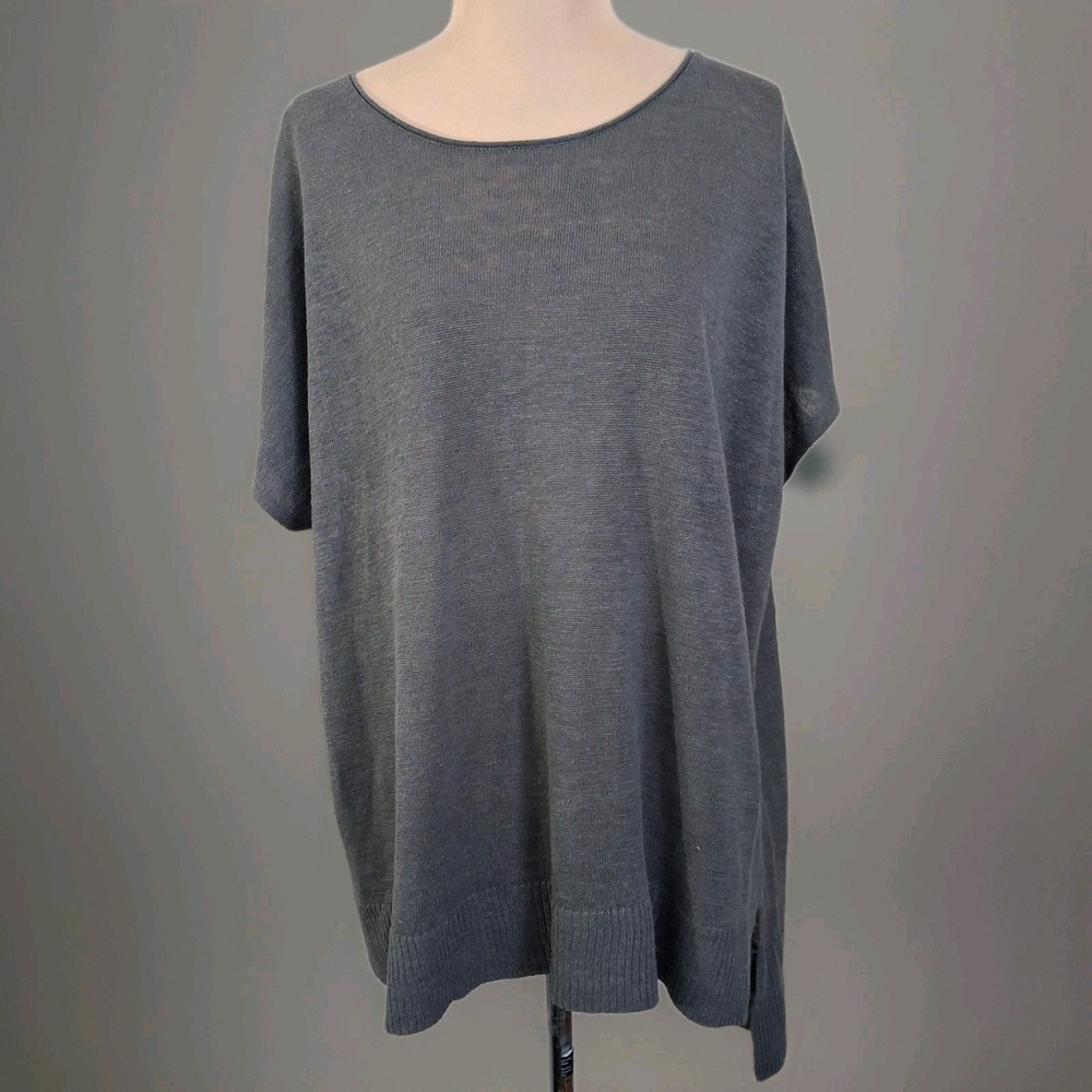 Eileen Fisher Sm Gray Short Sleeve Linen  Tunic Sweater Quiet Luxury Old‎ Money